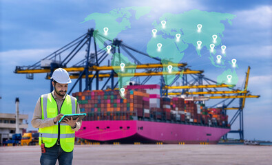 Fototapete - Engineer wearing uniform inspection and detail on tablet with logistics container dock cargo yard working crane bridge in shipyard transport logistic import export international logo background.