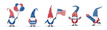 Patriotic American Gnomes Celebrate Independence Day In The United States. Set Of Cute Scandinavian Elves With Firework, Balloons And Flag. Happy 4th Of July. Vector Illustration In Cartoon Style.