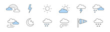 Set Of Weather Forecast Doodle Icons, Isolated Vector Linear Rainbow, Cloud And Lightning, Sun, Moon, Windsock, Rain And Snow. Climate Design Elements, Meteorology, Nature Line Art Symbols Collection