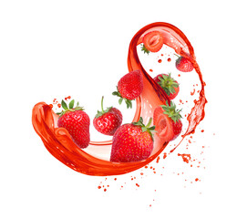 Wall Mural - Strawberries in splashes of red juice isolated on a white background