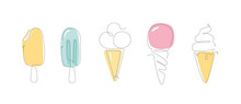 Ice Cream One Line. Simple Linear Set Of Ice Cream. Outline Summer Set. Collection Of Summer And Holiday Symbols. Type Of Ice Cream.