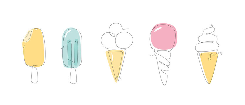 Ice cream one line. Simple linear set of ice cream. outline summer set. Collection of Summer and holiday symbols. type of ice cream.
