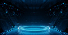 Blue Spaceship Interior With Glowing Neon Lights Podium On The Floor. Futuristic Corridor In Space Station With Circles Background. 3d Rendering