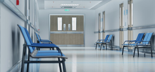 Wall Mural - Long white hospital corridor with rooms and seats 3D rendering. Empty accident and emergency interior with bright lights lighting the hall from the ceiling