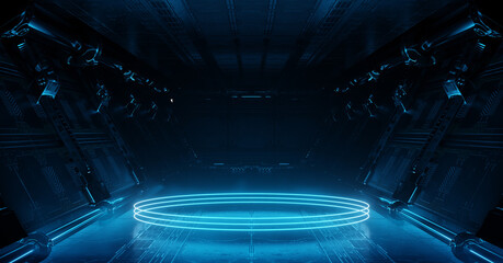 Fototapete - Blue spaceship interior with glowing neon lights podium on the floor. Futuristic corridor in space station with circles background. 3d rendering