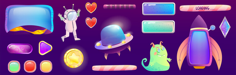 Space assets for ui game interface with alien, Spaceship and flying saucer. Buttons and screen for application. Cartoon vector illustration. Spaceship rocket 2d game art.