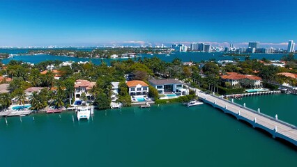 Poster - Miami, Florida. Aerial view of Palm Island and surrounding skyline from drone on a sunny day, slow motion