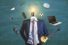 Abstract Image Of Headless Businessman With Idea Head, Laptop, Guitar And Other Items Flying Around On Chalkboard Wall Background. Hobby And Accupation Concept.