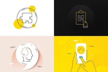 Minimal set of Stress, Cloud computing and Clipboard line icons. Phone screen, Quote banners. Puzzle icons. For web development. Mind anxiety, Approved storage, Survey document. Puzzle piece. Vector