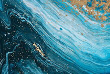 Fluid Art Acrylic Paints. Abstract Mixing Turquoise Paint Waves. Liquid Golden Flows Splashes. Marble Effect Background Or Texture
