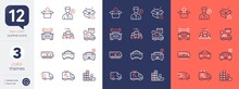 Set Of Taxi, Send Box And Boxes Pallet Line Icons. Include Truck Delivery, Delivery Warning, Parking Icons. Bus Tour, Car, Inventory Web Elements. Car Service, Valet Servant. Vector