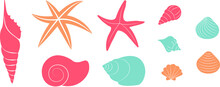 Set Of Seashells And Sea Stars. Vector Collection On White Background