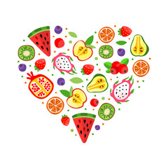 Canvas Print - Juicy Fruit with Ripe Bright and Sweet Garden Food Vector Heart Shaped Arrangement