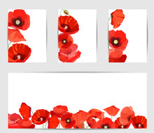 Set Of Banners With Red Poppies On  White Background