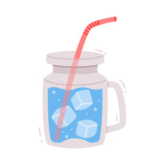 Sticker - Water in Reusable Jar with Ice Cubes and H2O Pure Liquid Poured Inside Vector Illustration