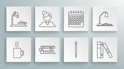 Sticker - Set line Coffee cup, Teacher, Office folders with papers and documents, Pencil eraser, Calendar, Workplace table lamp open book and Microscope icon. Vector