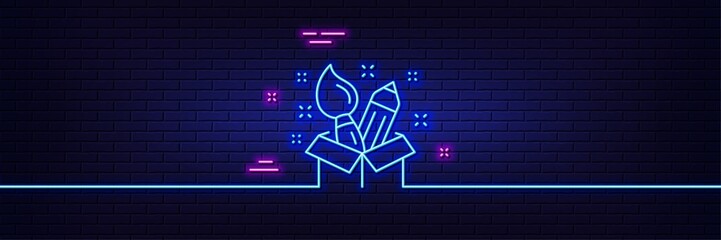 Wall Mural - Neon light glow effect. Creativity line icon. Design idea sign. Brush and pencil symbol. 3d line neon glow icon. Brick wall banner. Creativity outline. Vector