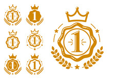 First Place Vector Badge Awards Set, Graphic Design Geometric Simple Emblem Stickers Number One Collection, Business Success And Victory Theme Labels, Classical Style Icons.