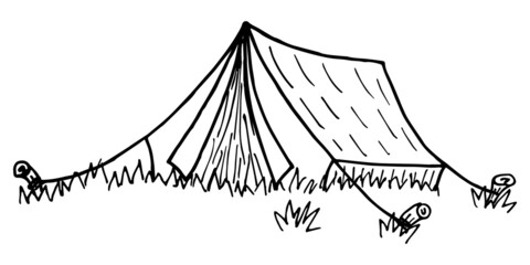 Wall Mural - Simple hand-drawn black and white linear clipart of the tourist tent. Cartoon rough vector sketch isolated on transparent background