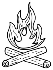 Wall Mural - Simple hand-drawn black and white linear clipart of the burning campfire. Cartoon rough vector sketch isolated on transparent background