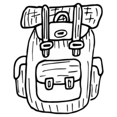 Wall Mural - Simple hand-drawn black and white linear clipart of the travel backpack. Cartoon rough vector sketch isolated on transparent background