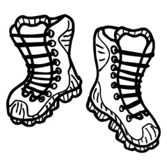 Wall Mural - Simple hand-drawn black and white linear clipart of the pair of hiking boots. Cartoon rough vector sketch isolated on transparent background