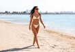 © Syda Productions - people, summer and swimwear concept - happy smiling young woman in bikini swimsuit walking along beach