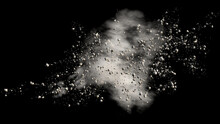 Flying Debris With Dust On Black Background