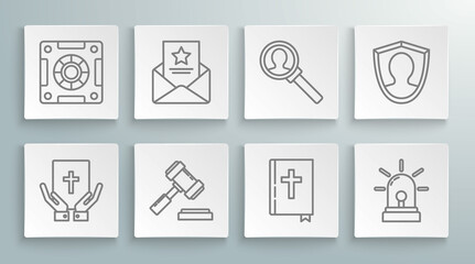 Sticker - Set line Oath on the Holy Bible, The arrest warrant, Judge gavel, bible book, Flasher siren, Magnifying glass for search, User protection and Safe icon. Vector