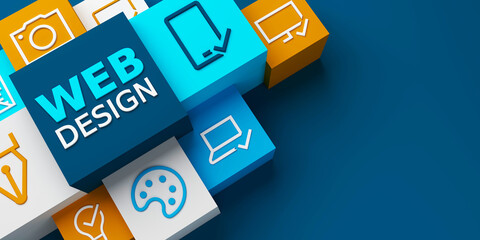 Wall Mural - 3D render of wide perspective view of WEB DESIGN colorful business concept on dark blue background