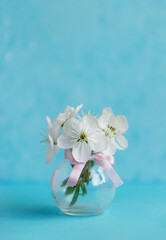 Sticker - beautiful white cherry blossom on blue  background. spring concept