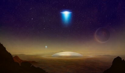 Wall Mural - abstract sci-fi collage with dark planet in space, ufo flies above aliens colony on planet earth