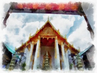 Landscape of ancient architecture and ancient art in Bangkok of Thailand watercolor style illustration impressionist painting.