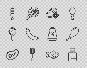 Wall Mural - Set line Steak meat, Sauce bottle, Fresh frozen steak, Spatula, Grilled shish kebab on skewer stick, Sausage, Fish and Chicken leg icon. Vector