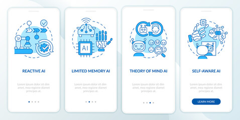 Wall Mural - types of artificial intelligence blue onboarding mobile app screen. walkthrough 4 steps graphic inst