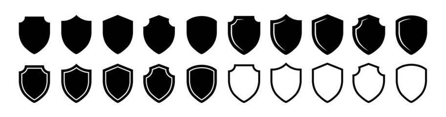 Shield icon set in vintage style. Protect shield security line icons. Badge quality symbol, sign, logo or emblem. Vector illustration
