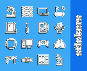 Sticker - Set line Microscope, Virtual reality glasses, Robot, Smart Tv, Screwdriver, 3D printer, Robotic robot arm hand factory and Graphic tablet icon. Vector