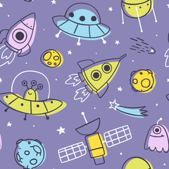 Wall Mural - outline doodle violet space pattern. cosmic seamless print with spaceship and aliens for kids.