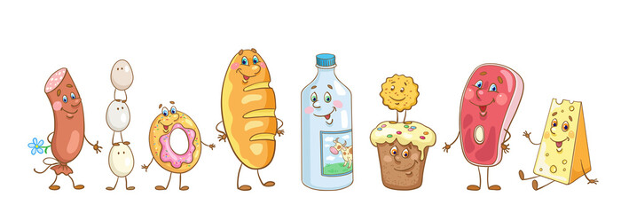 Wall Mural - Set of funny food. Bakery, milk and meat products. Banner in cartoon style. Isolated on white background. Vector illustration.