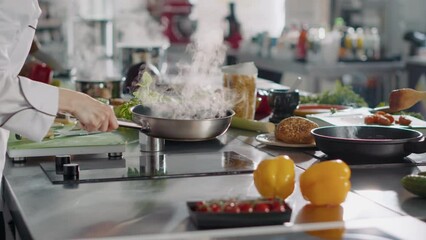 Wall Mural - Professional cook preparing gastronomy dish in frying pan, using ingredients and kitchen utensils. Authentic female chef cooking gourmet meal with culinary food recipe on stove. Handheld shot.