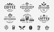 Vintage hipster logo templates and 6 design elements for coffee business. Cafe, Restaurant, Coffee Shop emblems templates. Scoops, Bean, Coffee branch, Cups icons.Vector illustration
