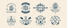 Nautical, Sea Logo Set. 8 Marine Emblems With Anchor, Ship, Wheel Icons. Hipster Design. Marine, Sea Labels. Emblem, Poster Templates. Vector Illustration