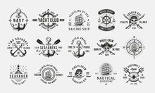 Vintage Logo Set With Marine Elements. 15 Nautical Emblems. Hipster Design. Pirates, Sea Labels. Vector Illustration