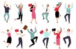 © MicroOne - Happy business team. People jumping in office suits, motivation and cheers for workers. Friendly professionals, decent corporate vector characters