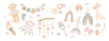 Scandinavian Nursery Boho Style Elements. Baby Toys, Rainbow, Giraffe And Monkey. Doodle Decorative Flat Contemporary Nowaday Vector Design