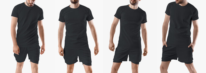 Wall Mural - Mockup of a black t-shirt, loose shorts with underpants compression line, on a man isolated on background, front view.