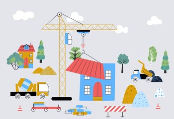 Canvas Print - Building houses childish print. Cute poster with home, construction transport and tree. Tiny town for baby, nowaday village scandinavian vector background