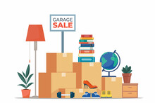 Garage Sale Banner With Flat Furniture Objects Arranged On The Floor - House Plants, Guitar, Books, Clothes, Chair And Others. Flea Market Old Stuff Clutter. Vector Illustration.