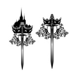 Fototapeta  - fairy tale medieval castle and royal crown with rose flowers and king sword blade - black and white vector design for fantasy knight hero
