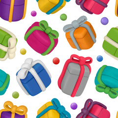 Poster - Boxes pattern. Gift plasticine containers with ribbons decent vector seamless background pictures for textile design projects